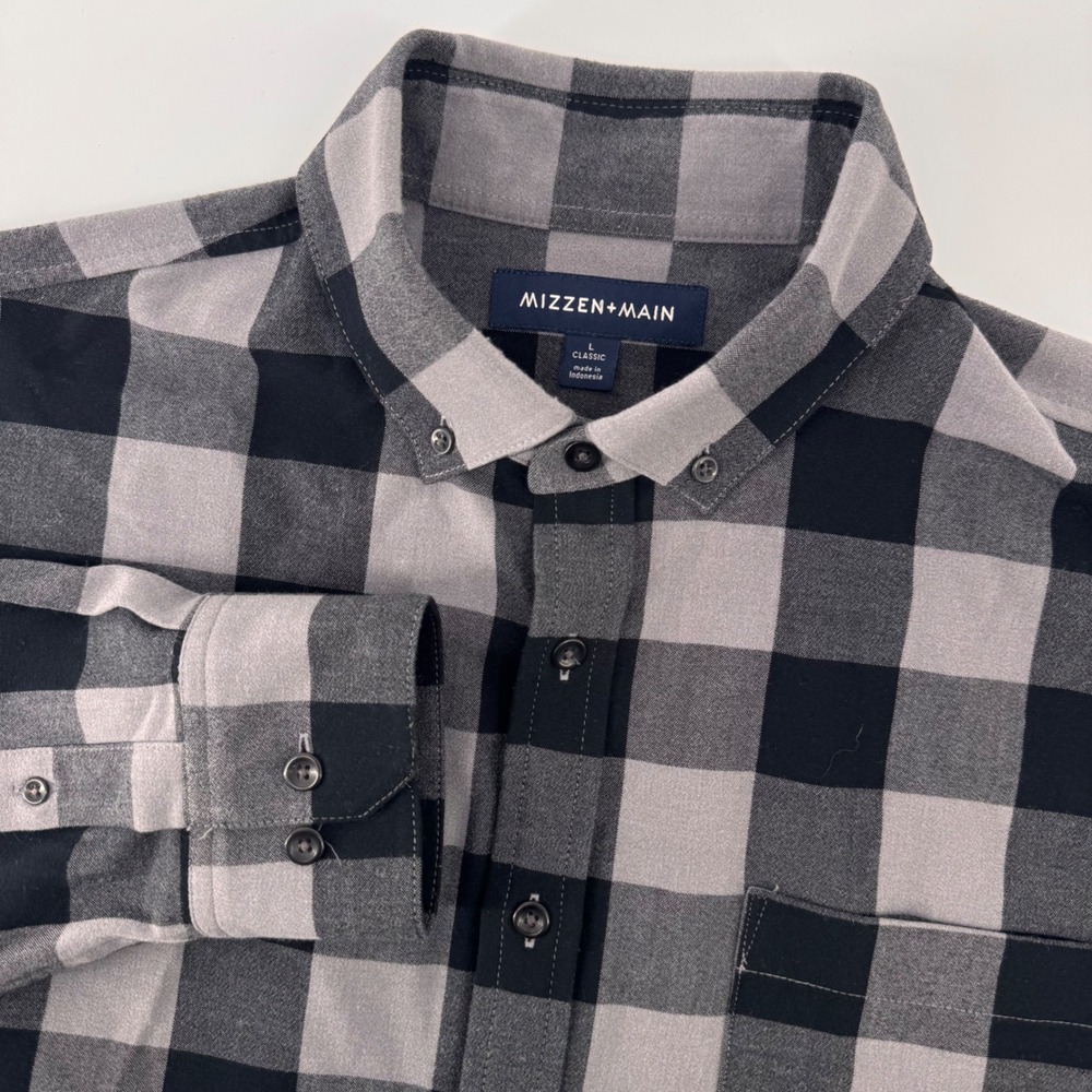 Mizzen + Main Button Front Men L Grey Black Buffalo Check Classic Fit Stretch
